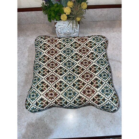 Vintage Ornate Needlepoint Footstool With Floral Pattern & Intricate Carved Meta - Picture 2 of 5